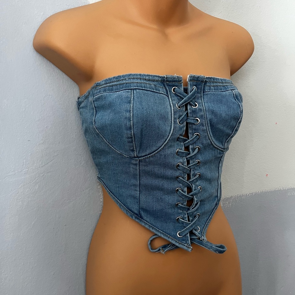 Denim Lace-Up Corset Top - Picture 2 of 5